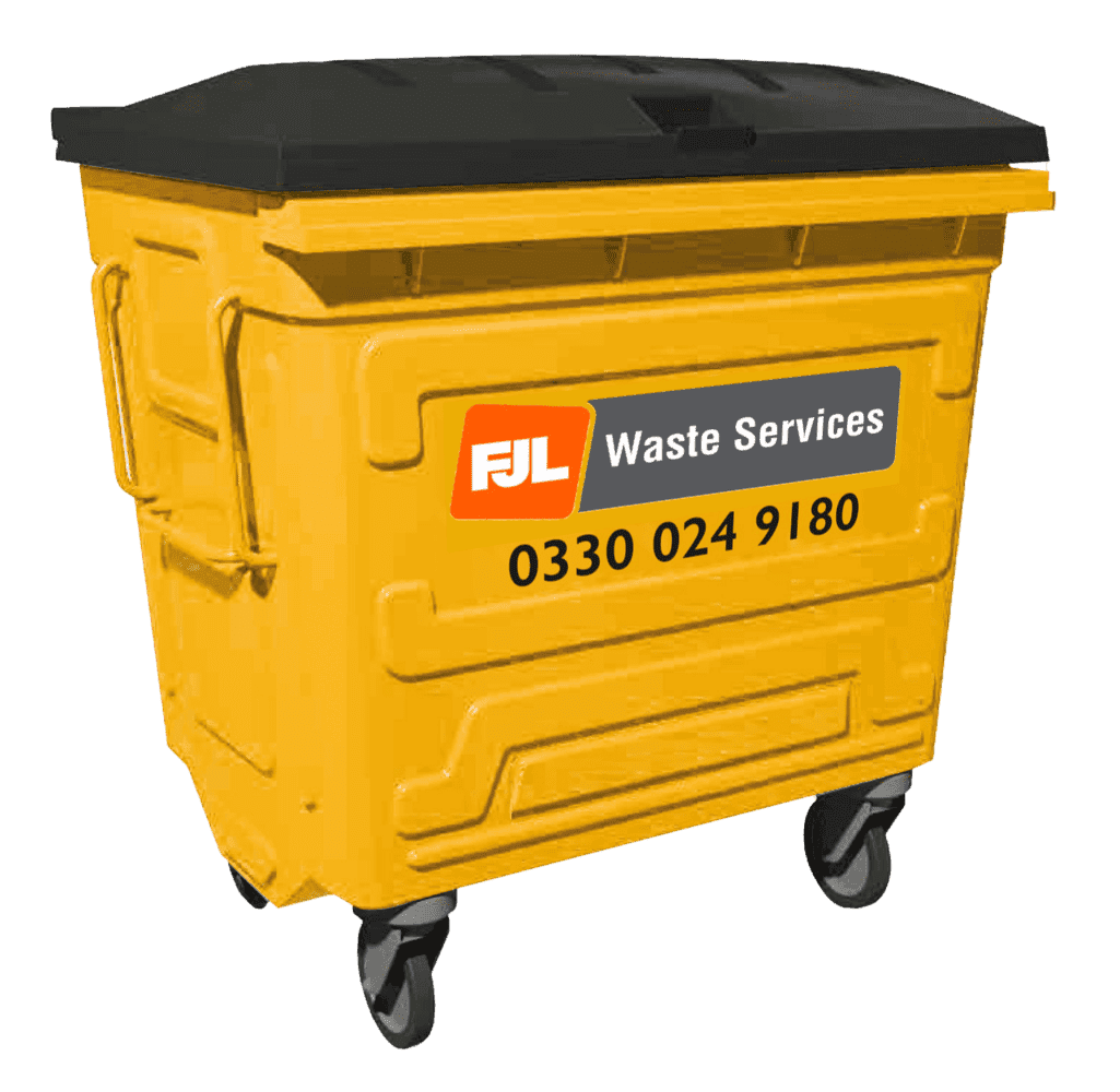 FJL Waste Services 1100 litre four-wheel yellow bin with FJL branding