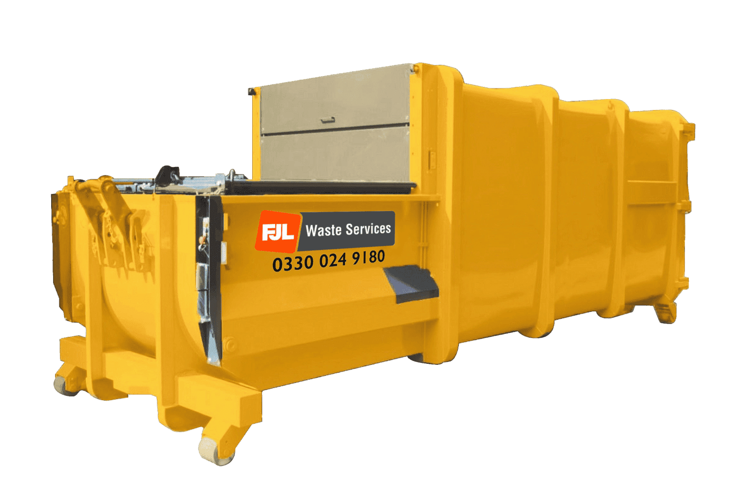 FJL Waste Services yellow static waste compactor with FJL branding