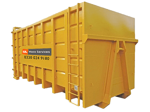 FJL Waste Services roll-on roll-off container, branded yellow