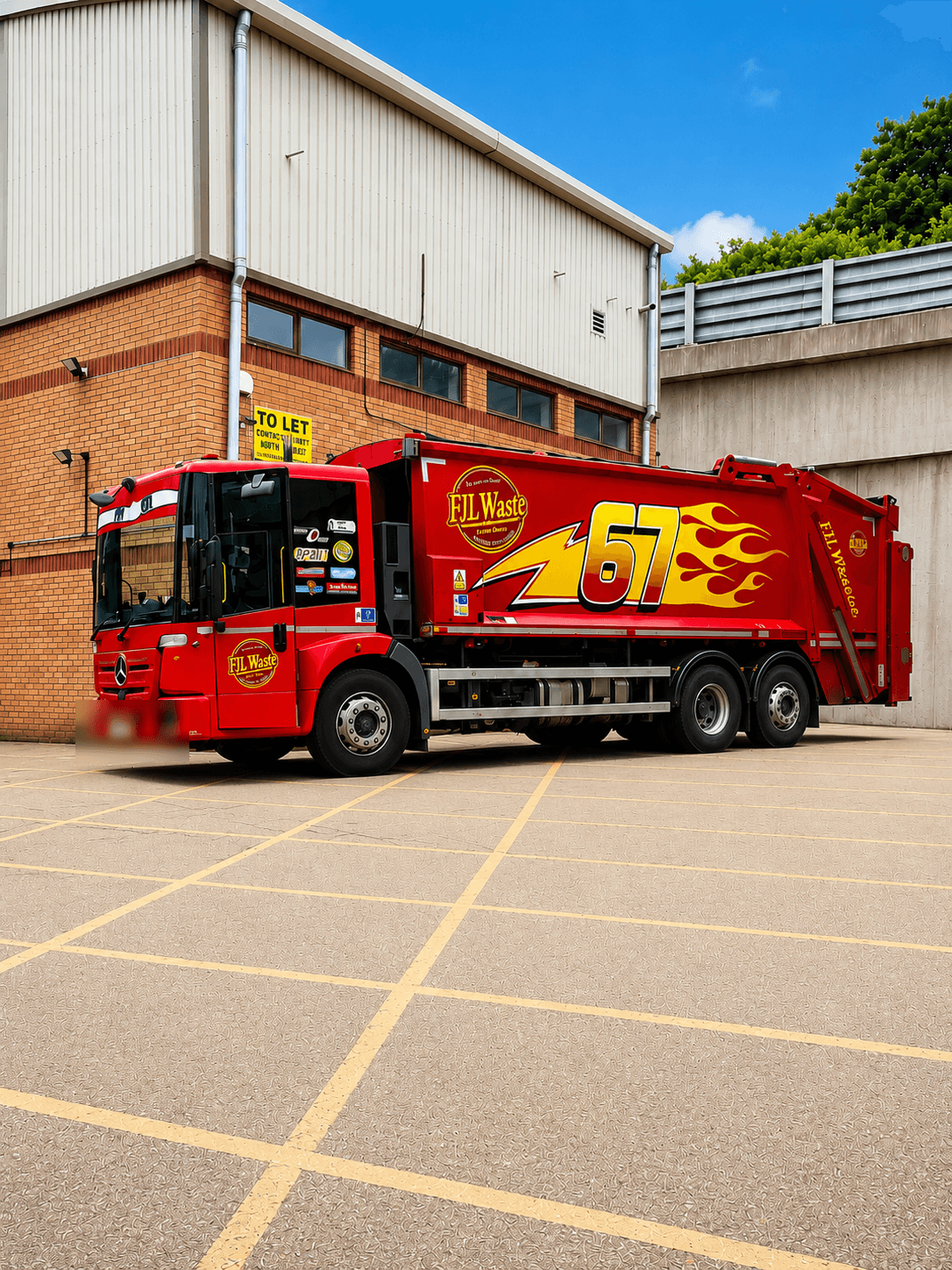FJL Waste Services red Lightning McQueen tribute bin lorry parked in a car park