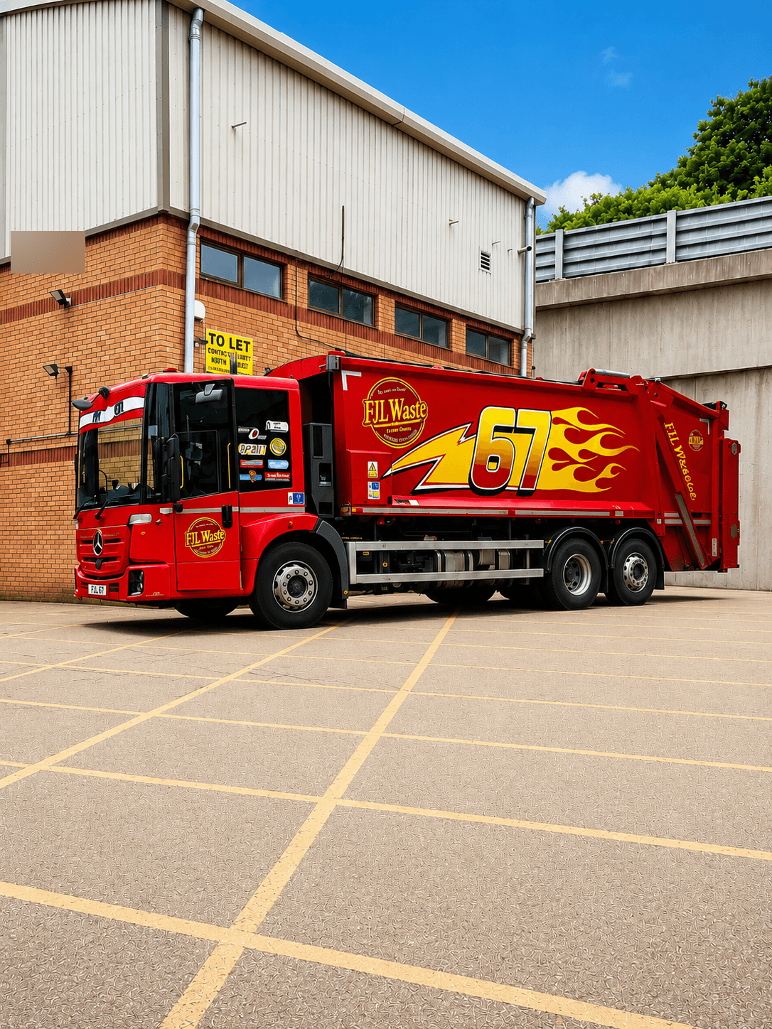 FJL Waste Services red Lightning McQueen tribute bin lorry parked in a car park