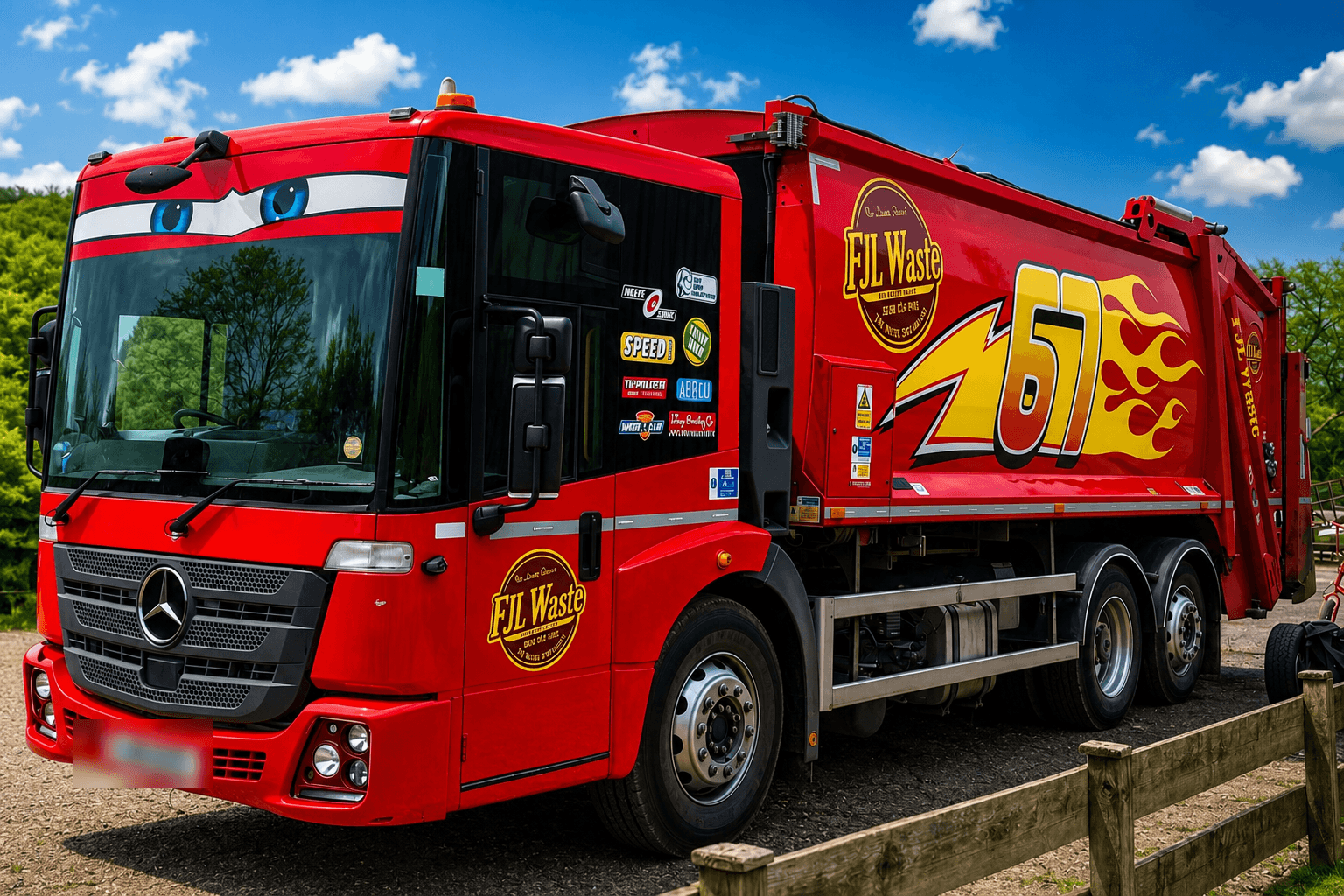 FJL Waste Services bin lorry with Lightning McQueen Cars livery, front angle