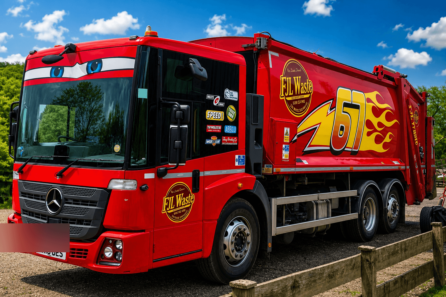 FJL Waste Services bin lorry with Lightning McQueen Cars livery, front angle