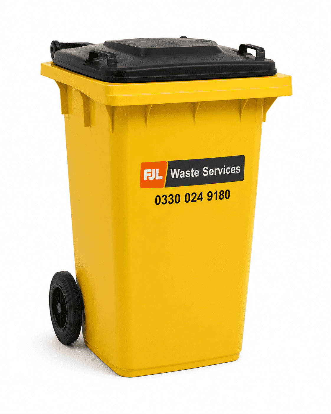 FJL Waste Services 240 litre yellow wheelie bin with black lid, FJL branding and phone number