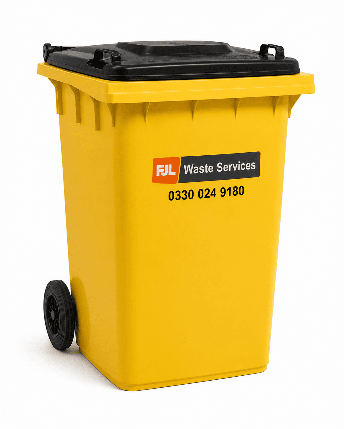 FJL Waste Services 360 litre yellow wheelie bin with black lid, FJL branding and phone number