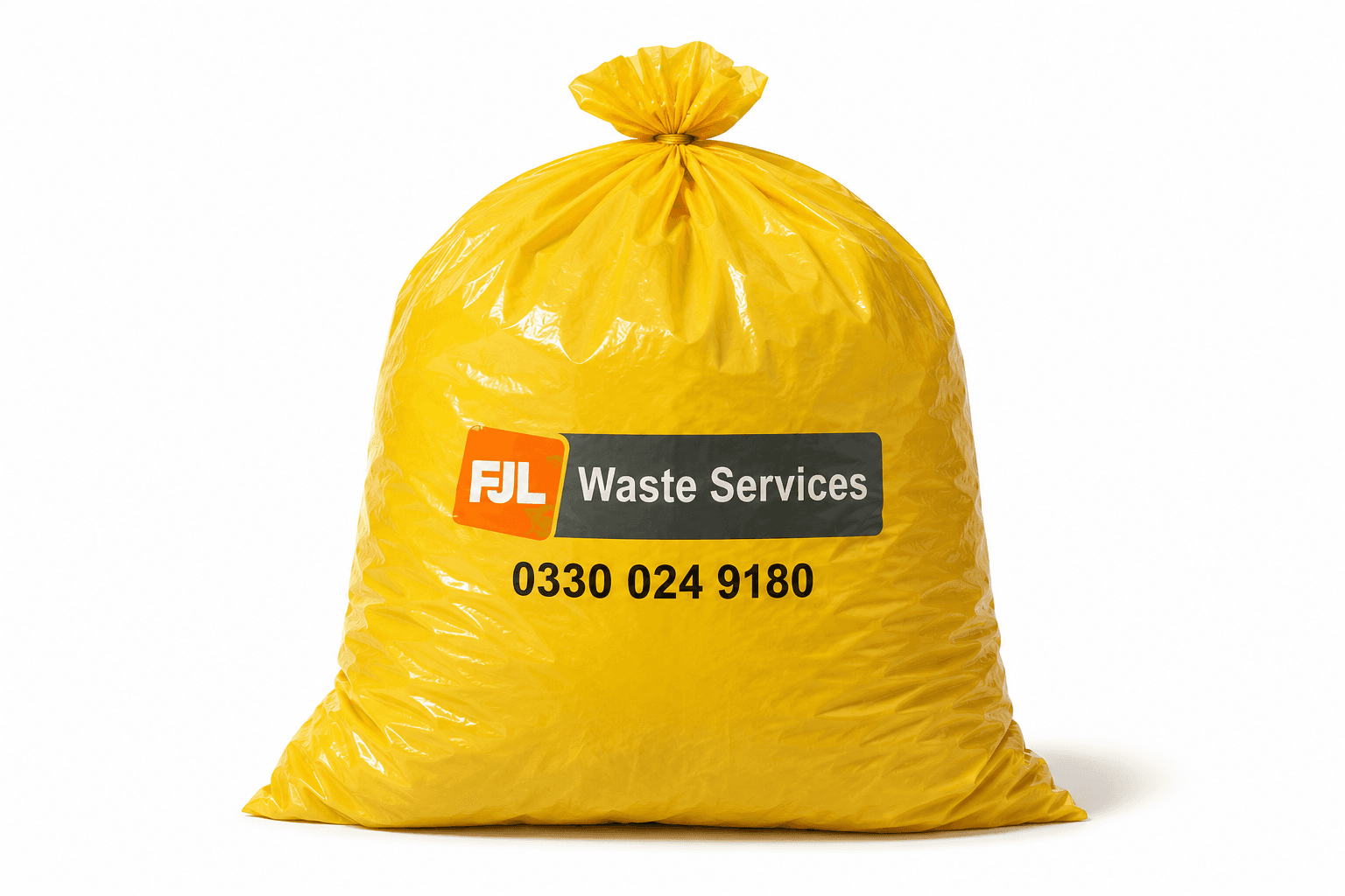 FJL Waste Services yellow commercial refuse sack with FJL branding and phone number