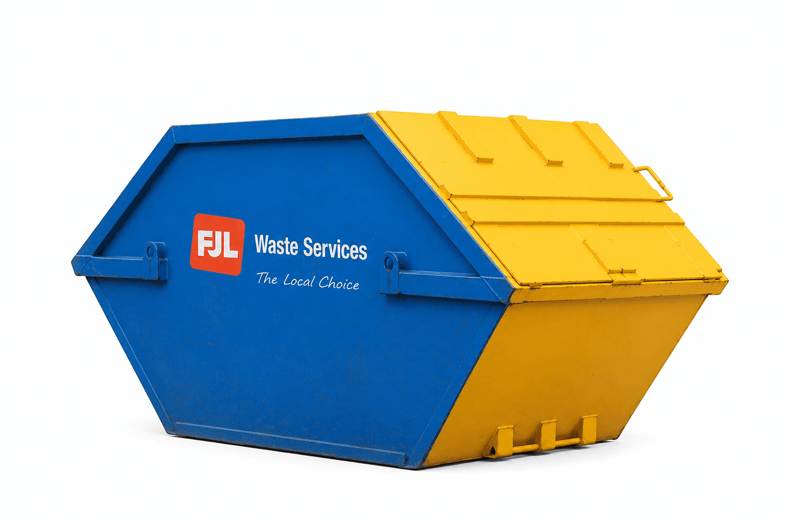 FJL Waste Services yellow enclosed skip with hinged lid and FJL branding