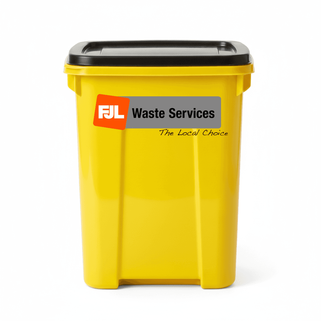FJL Waste Services yellow food waste caddy with a black lid and FJL branding