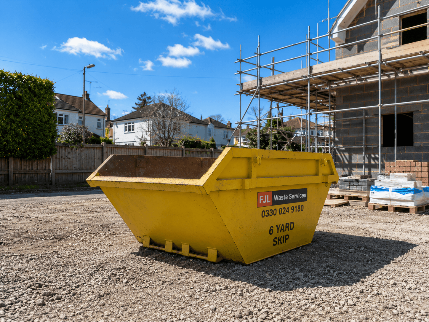 FJL Waste Services yellow 6 yard builders skip dropped at a residential building site with scaffolding