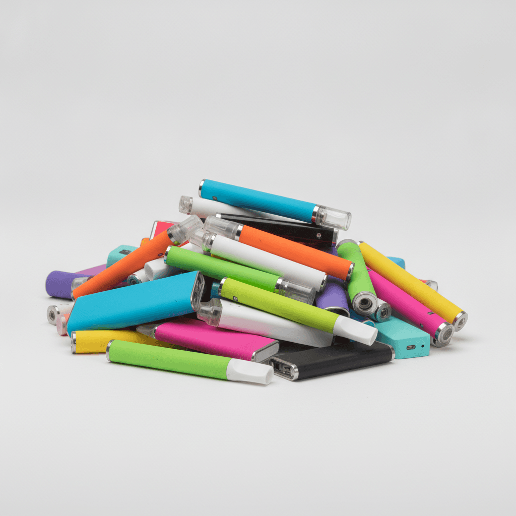 A pile of used disposable vapes collected for compliant WEEE disposal and recycling by FJL Waste Services