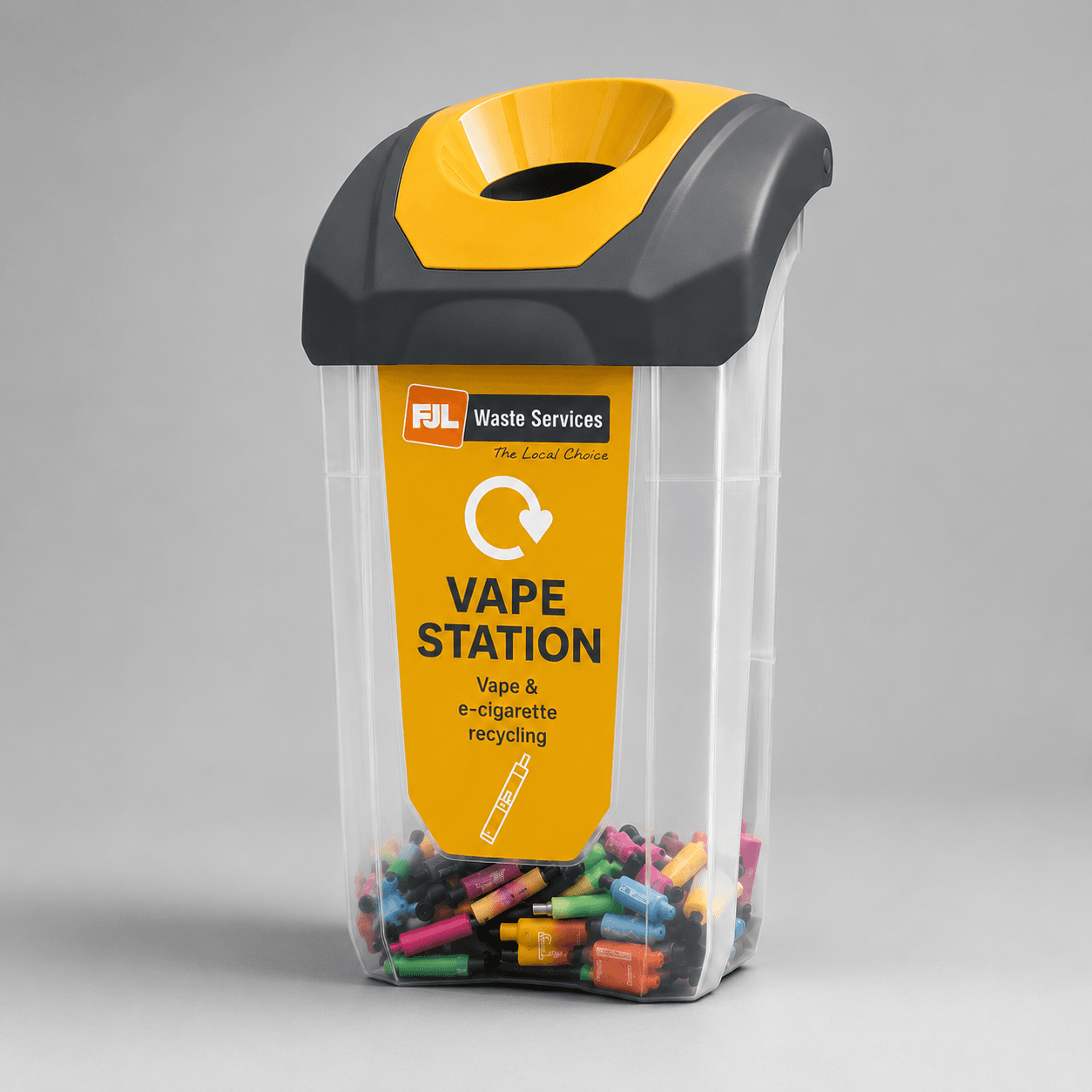 The FJL Waste Services Vape Station, a clear collection bin with a yellow hood for vape and e-cigarette recycling