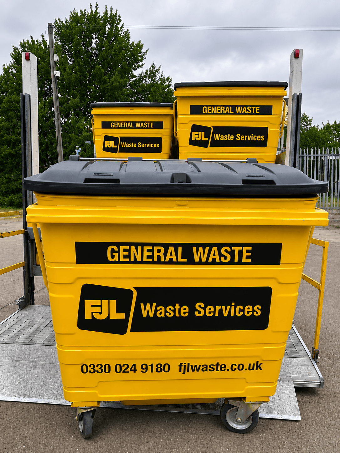 FJL Waste Services yellow general waste wheelie bin